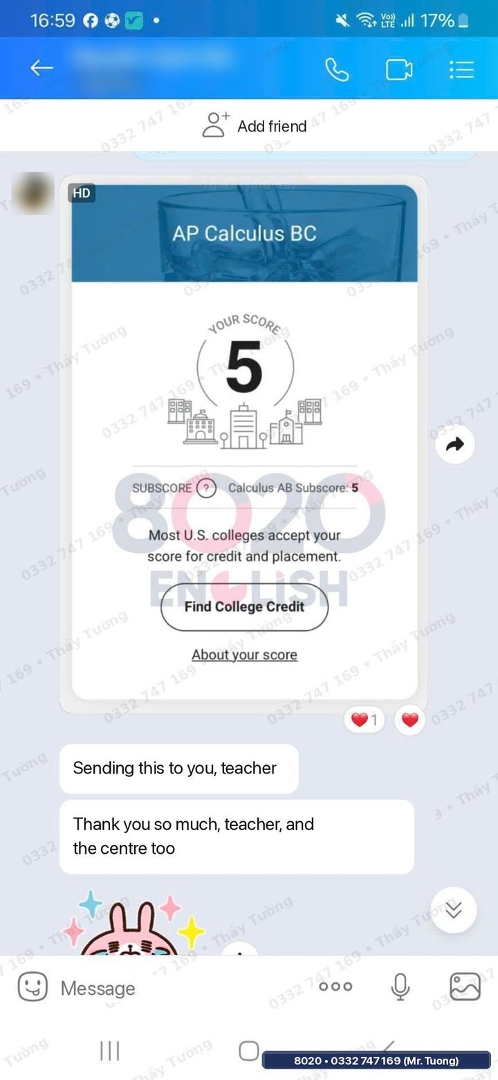 Chat: AP Calculus BC score 5 with Calculus AB subscore 5, sent by the student to the tutor