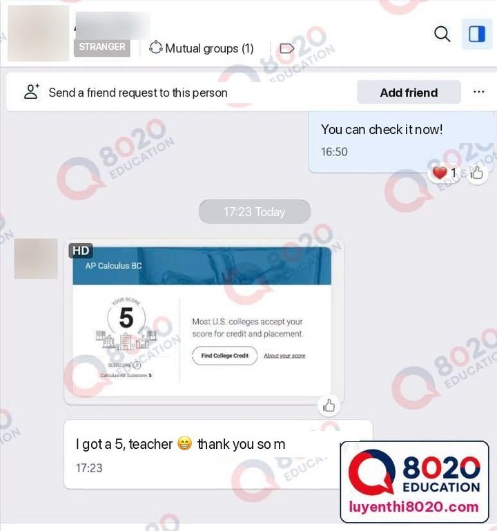 Chat: a second student's AP Calculus BC score of 5 and thank-you message