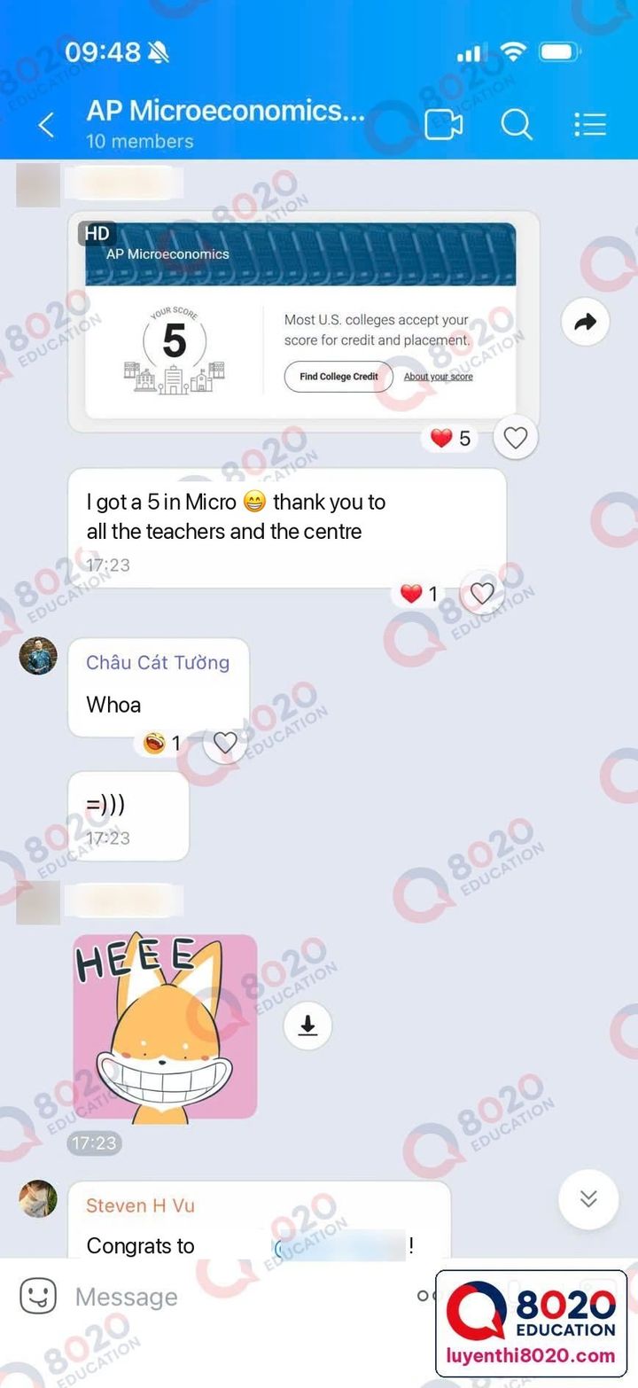 Class chat: AP Microeconomics score 5, with the student's thank-you message